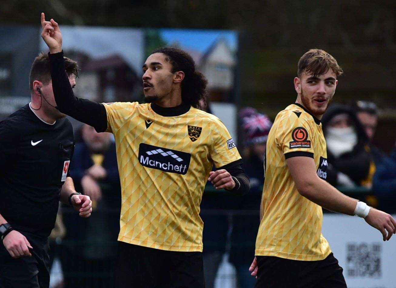 Aaron Blair celebrates after giving Maidstone a 2-1 lead at Tonbridge on Boxing Day. Picture: Steve Terrell