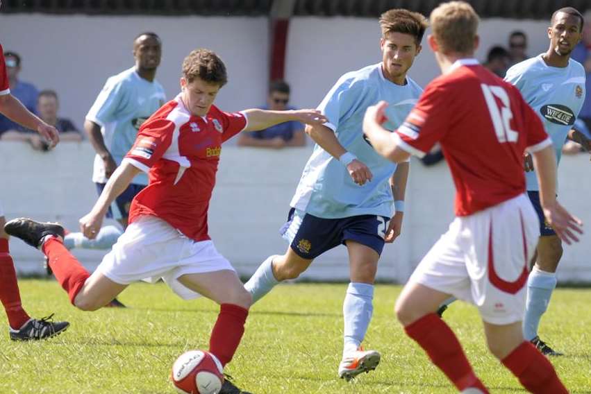 Whitstable get a shot away during Saturday's opening friendly against Dagenham & Redbridge