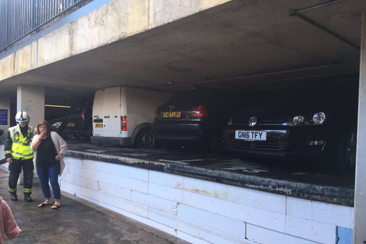 Cars are being crushed in this car park in Crayford Townhall Square because of the water level. Picture: @LucasWeatherby