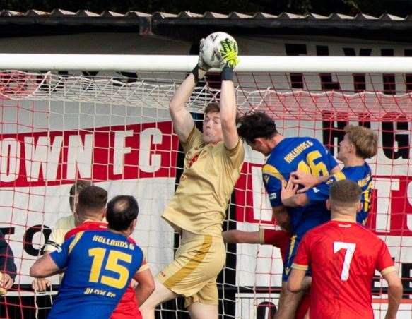 Man-of-the-match Whitstable keeper Dan Colmer on his way to a clean sheet against Hollands & Blair. Picture: Les Biggs