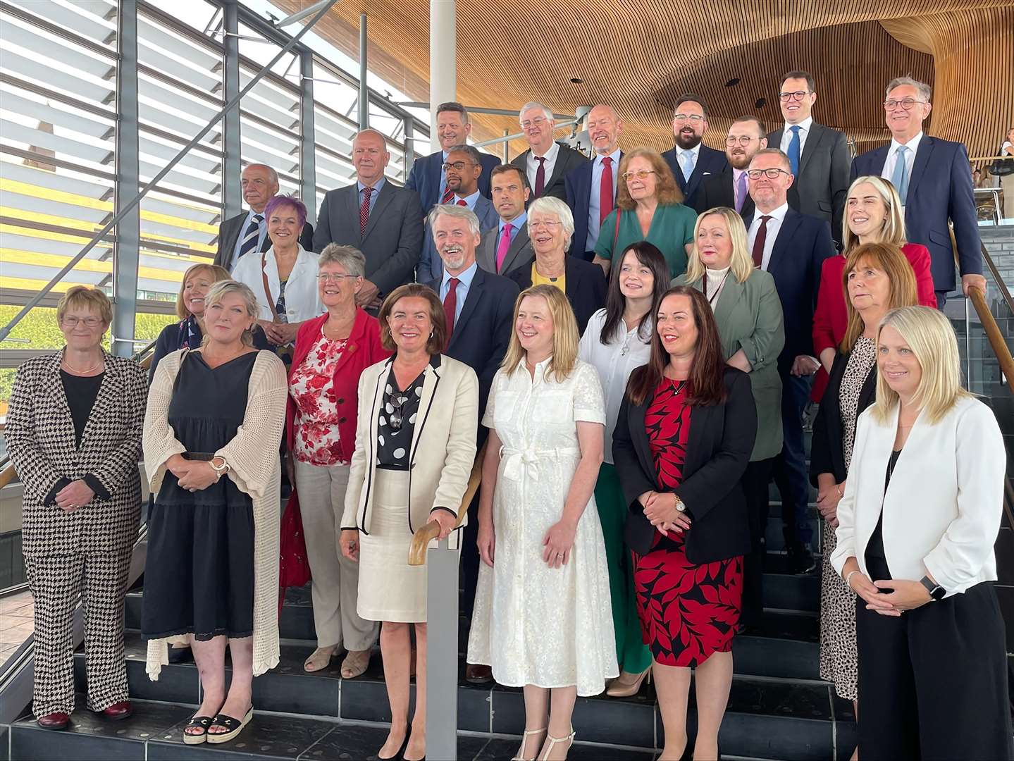 First Minister of Wales Eluned Morgan with all the members of the Senedd Labour group at the Senedd in Cardiff after being elected as the first female leader of Wales (George Thompson/PA)