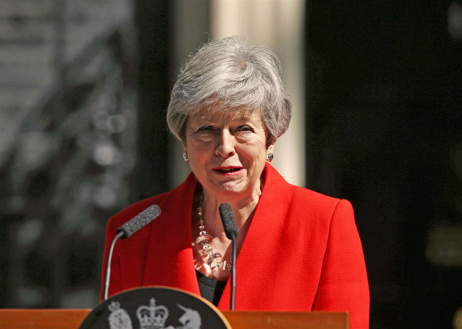 A tearful Theresa May announces her resignation on the steps of No 10 (Yui Mok/PA)