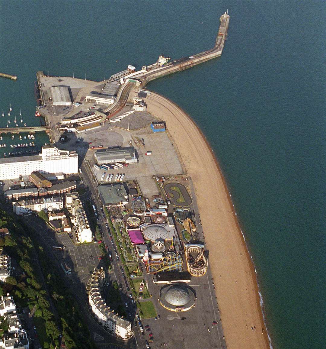 The old Rotunda Amusements in Folkestone in 2002. It shut down for good the following year. The harbour arm, also pictured, has since been transformed into one of Kent’s top attractions. Picture: Geoff Hall