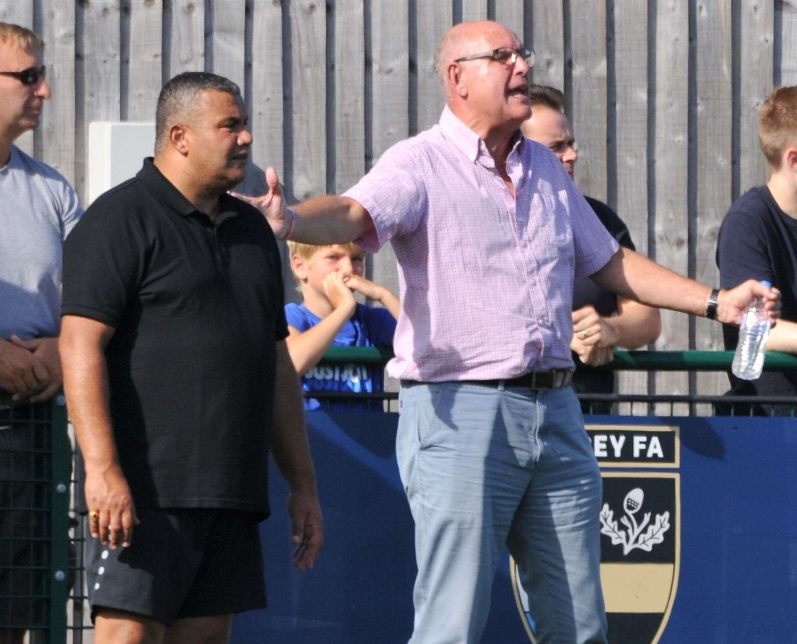 Hakan Hayrettin and John Still on the touchline at Dorking earlier this season Picture: Steve Terrell