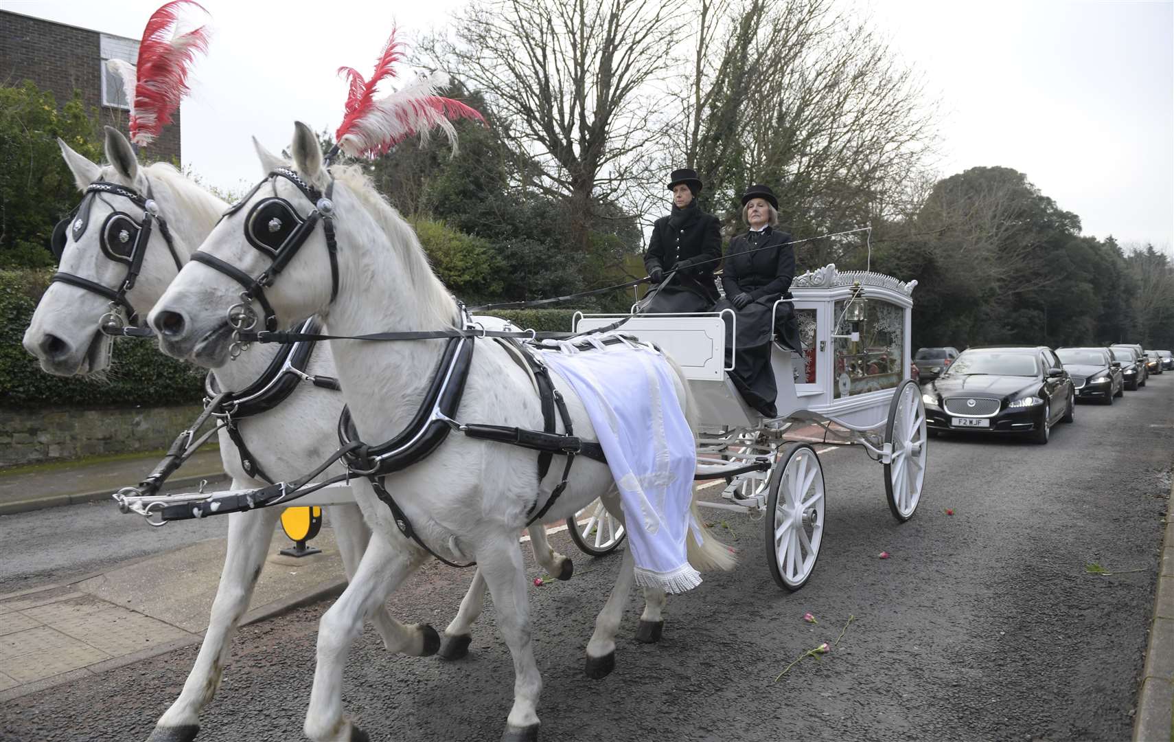 William Brown Jr’s coffin is carried to The Church of St Mary and St Eanswythe, Folkestone, by a horse and carriage bearing the colours of his beloved Manchester United. Picture: Barry Goodwin