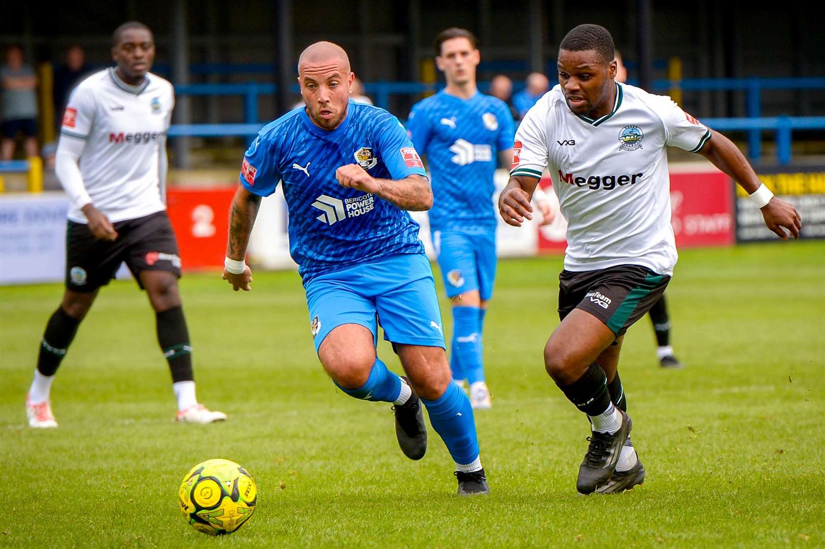 Dartford’s Samir Carruthers (blue) in derby action at Dover earlier this season - a match Darts lost 5-1. Picture: Stuart Watson