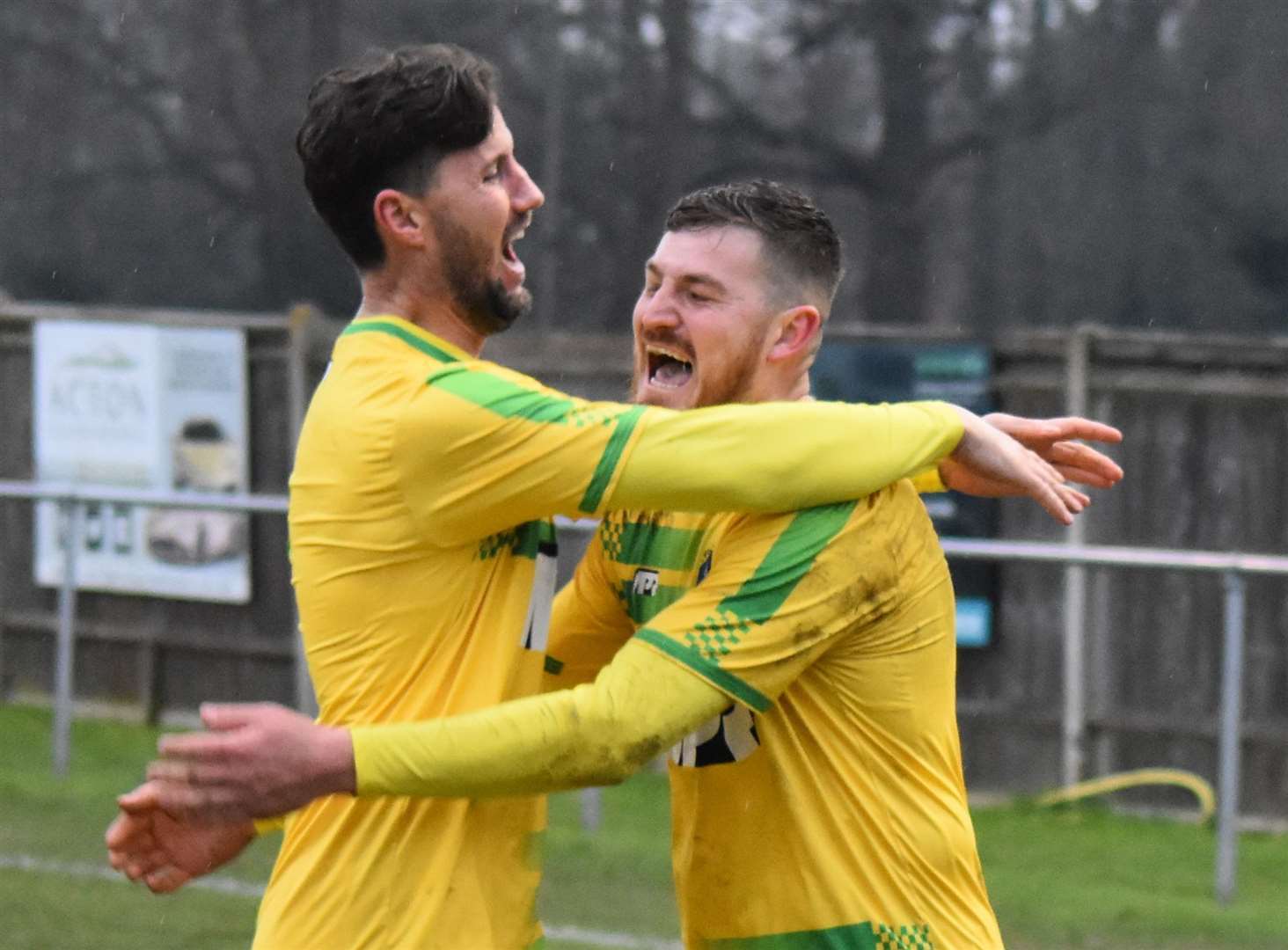 James Rogers celebrates his goal for Lydd in their shock 5-0 win at Glebe on Saturday. Picture: Alan Coomes