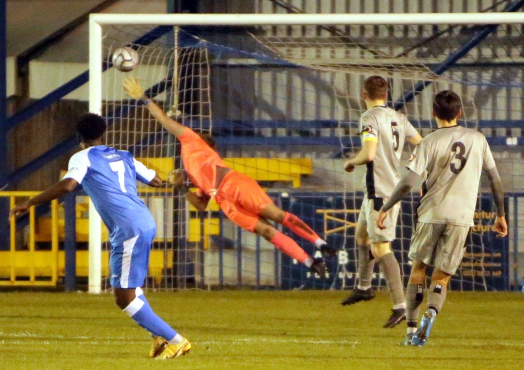 Khale Da Costa finds the top corner for Tonbridge on Tuesday night. Picture: Dave Couldridge (43940751)