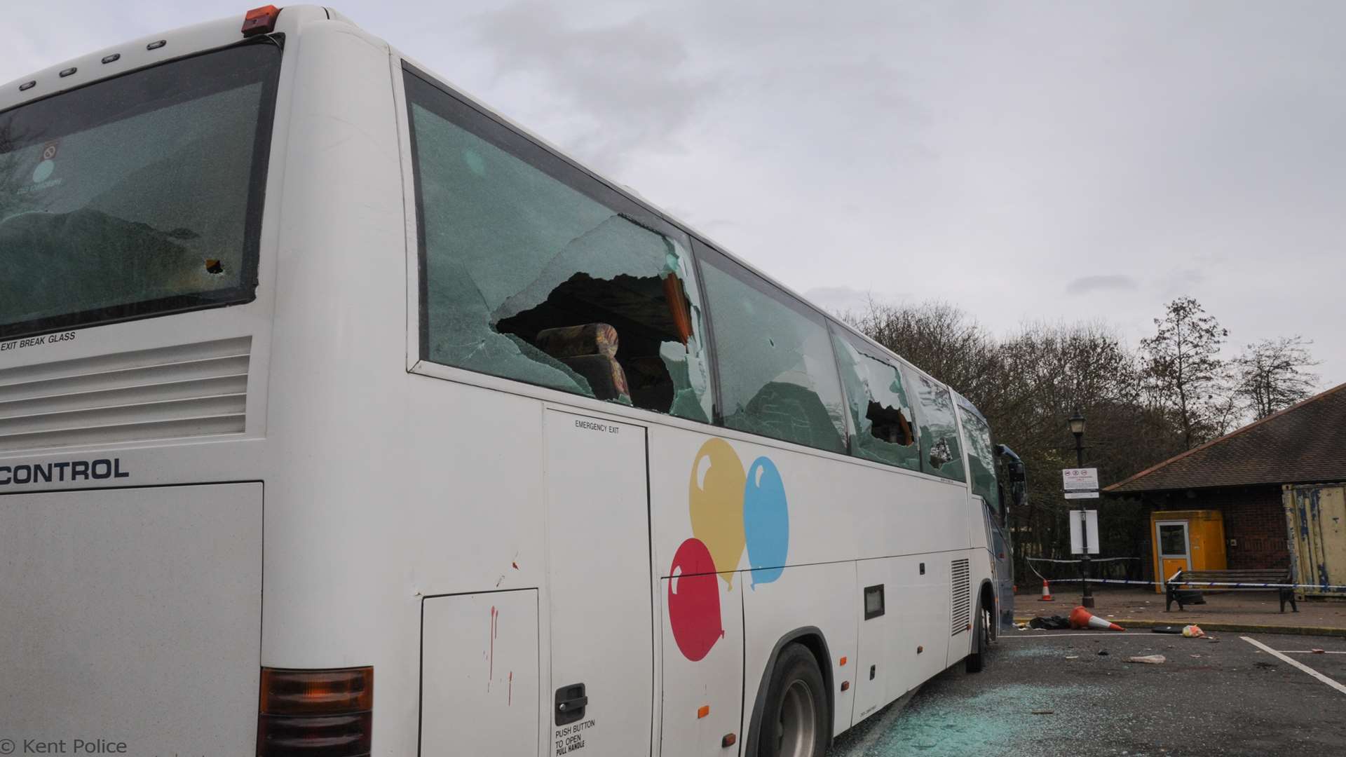 The coach damaged after violence took hold at Maidstone Services off the M20