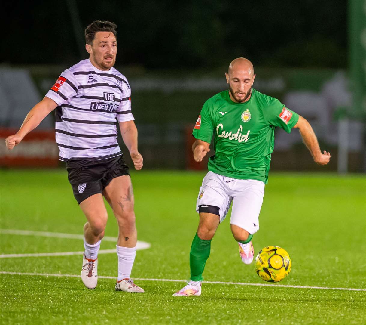 Adem Ramadan in possession for Ashford against Margate. Picture: Ian Scammell