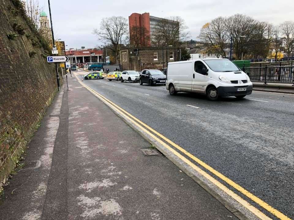 Police hold the traffic on Dock Road, Chatham. Picture: Lawrence Pozzetti-Atwill