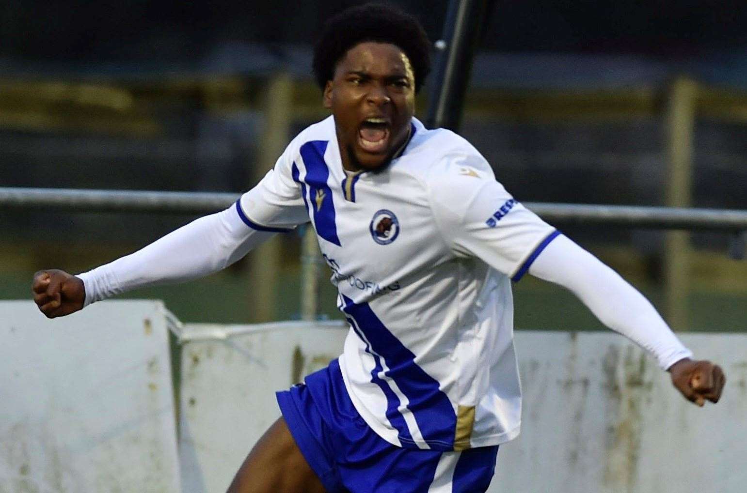 Eniola Hassan celebrates after putting Bearsted 2-1 ahead against Erith Town. Picture: Ian Scammell