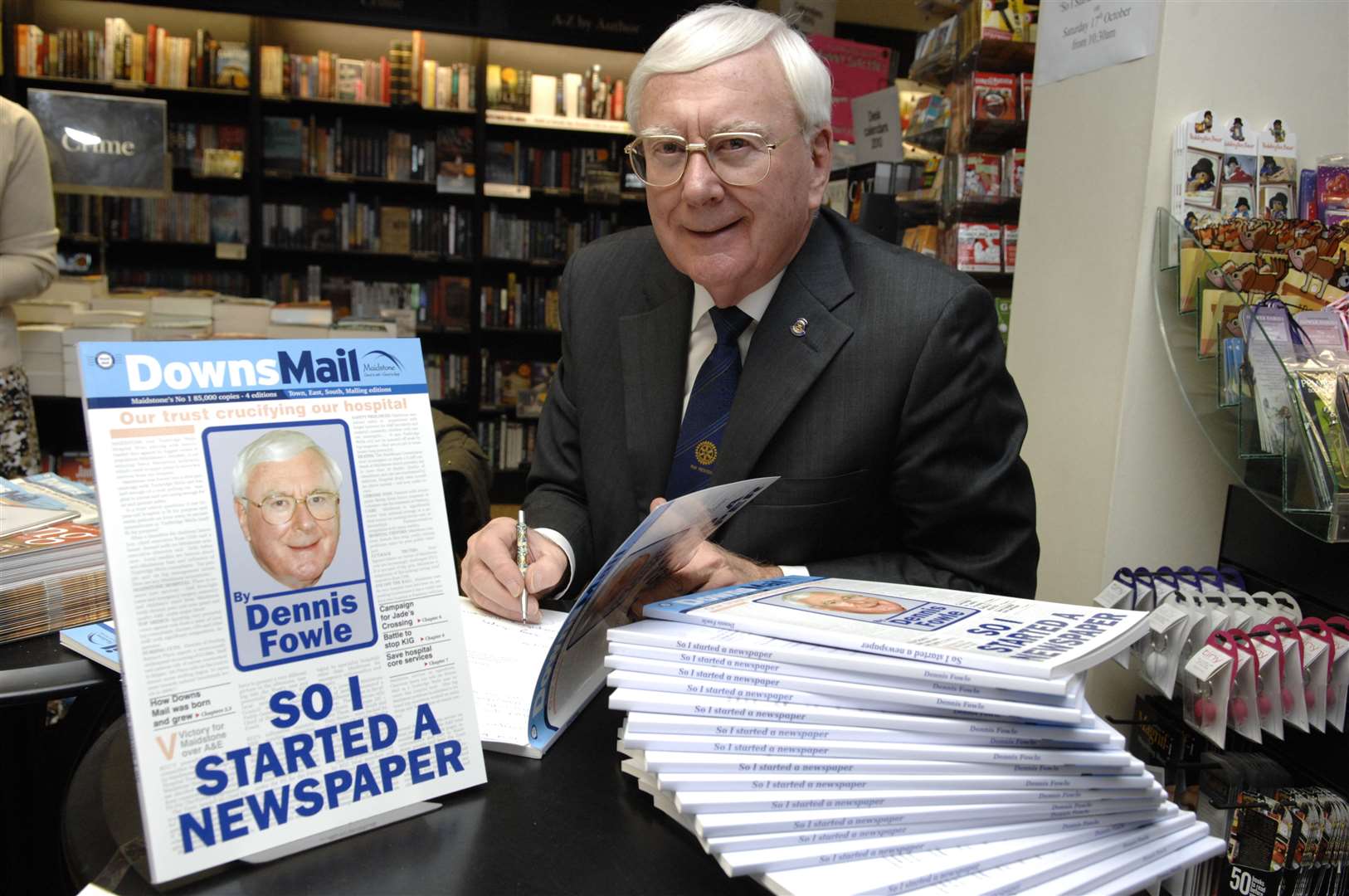 Former KM Editor and founder of the Downs Mail Dennis Fowle signing copies of his book So I started a Newspaper at Waterstones bookshop in Earl Street Maidstone in 2009 Picture: Matthew Walker