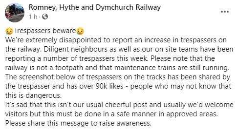 The railway posted this message today. Picture: Facebook