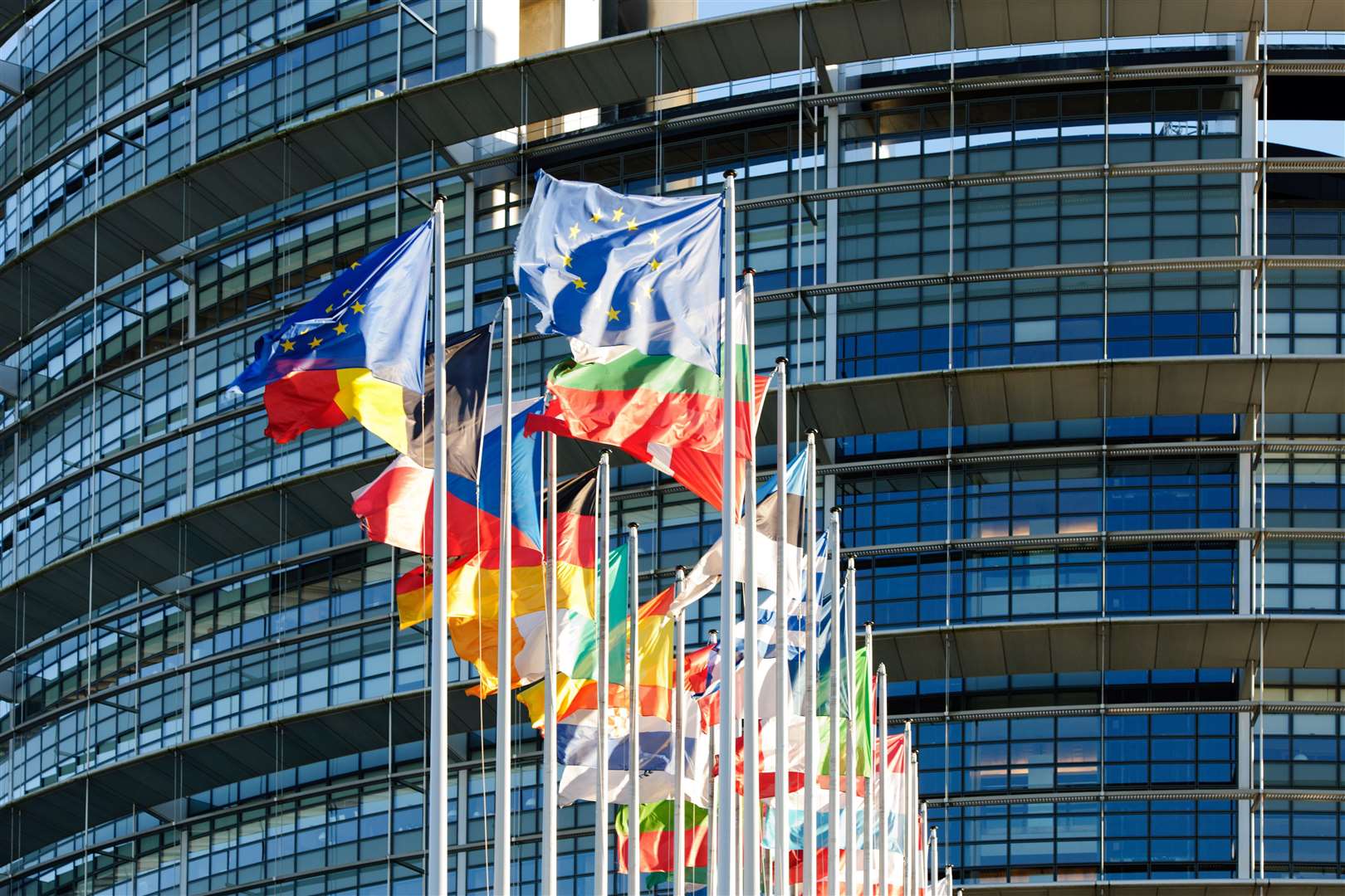 Strasbourg, France - January 28, 2014: All European Union flags in a row waving in front of the European Parliament building in Strasbourg, Alsace France brexit. (43596722)