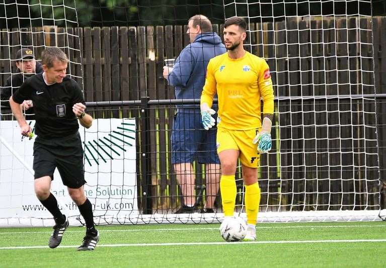 Sheppey keeper Aiden Prall started the match before picking up an injury on Saturday Picture: Marc Richards