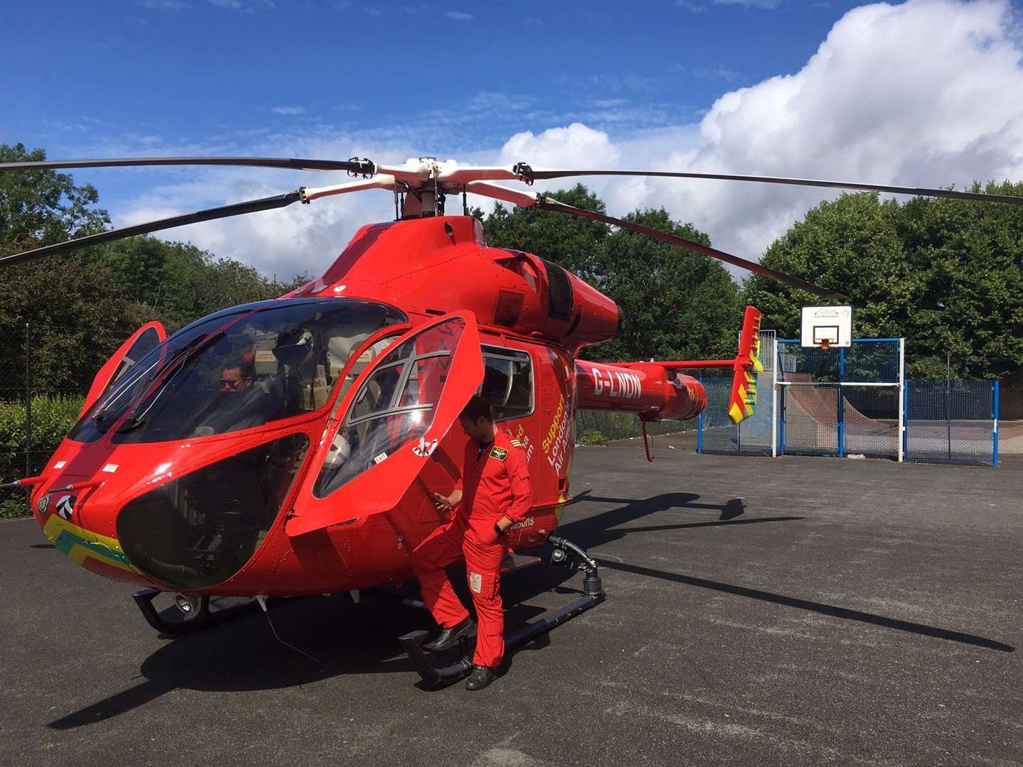 The London Air Ambulance was pictured in the basketball court in Bromley Library Gardens. Picture: Barry Driscoll