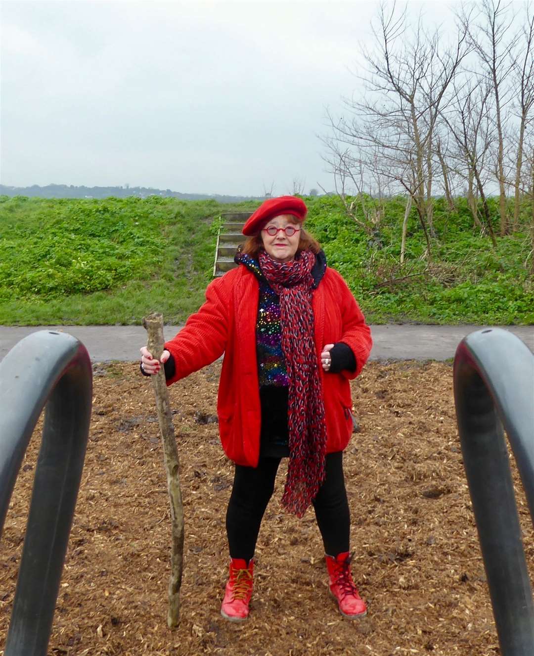 Chris Reed and wood chippings where mud was at the entrance to Barton's Point Coastal Park, Sheerness