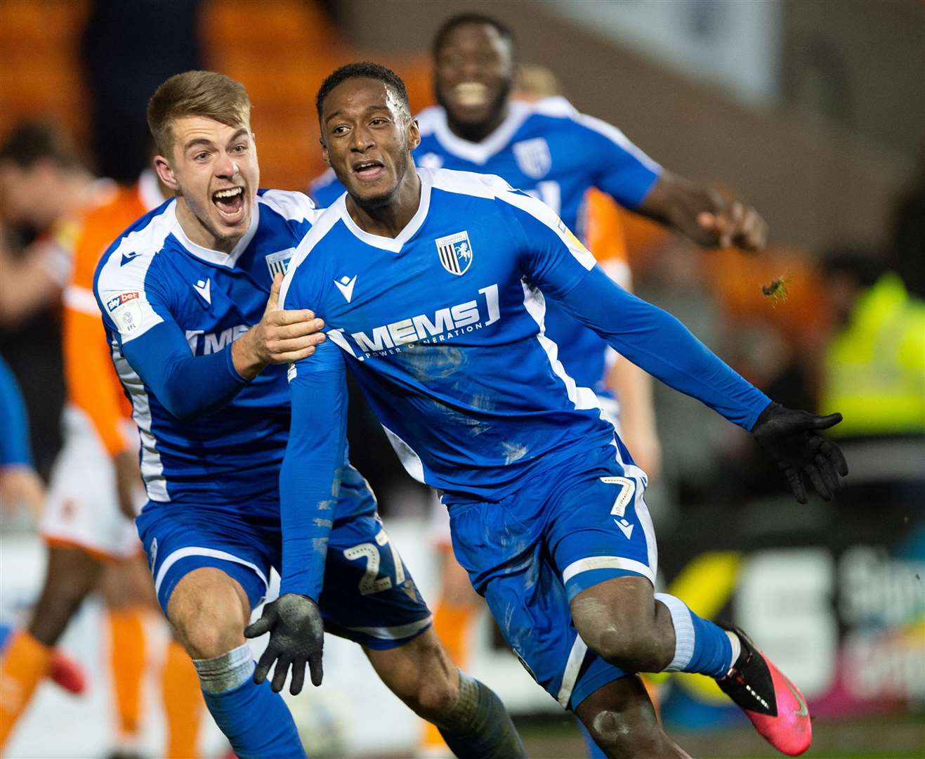 Gillingham striker Brandon Hanlan celebrates scoring a midweek winner at Blackpool Picture: Ady Kerry