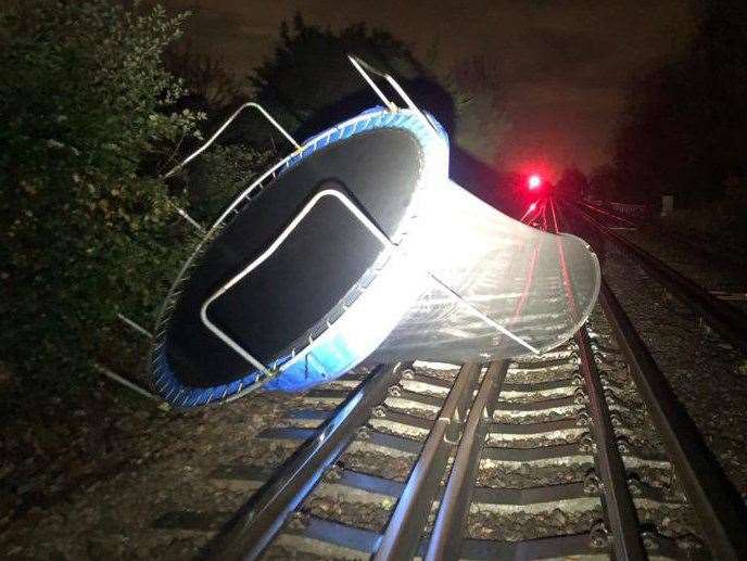 A trampoline blocked the train line near Rainham due to Storm Isha. Picture: Network Rail Kent and Sussex