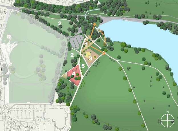 Plans showing the layout of the proposed Adventure Zone. Zone 1 is the cafe and visitor centre, zone 2 is overflow car parking, zone 3 is the enhanced playground, zone 4 is the adventure zone, and zone 5 is for future use