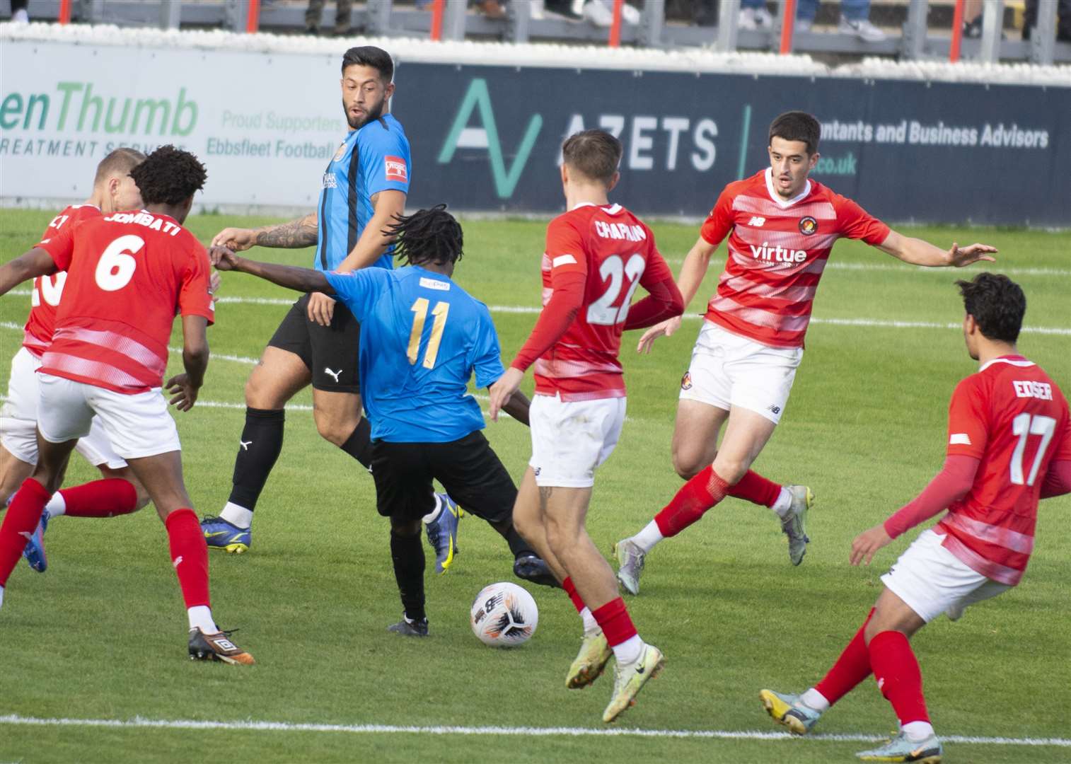 Fleet's Manuel Mensah in the thick of the action against Sevenoaks. Picture: Ed Miller/EUFC