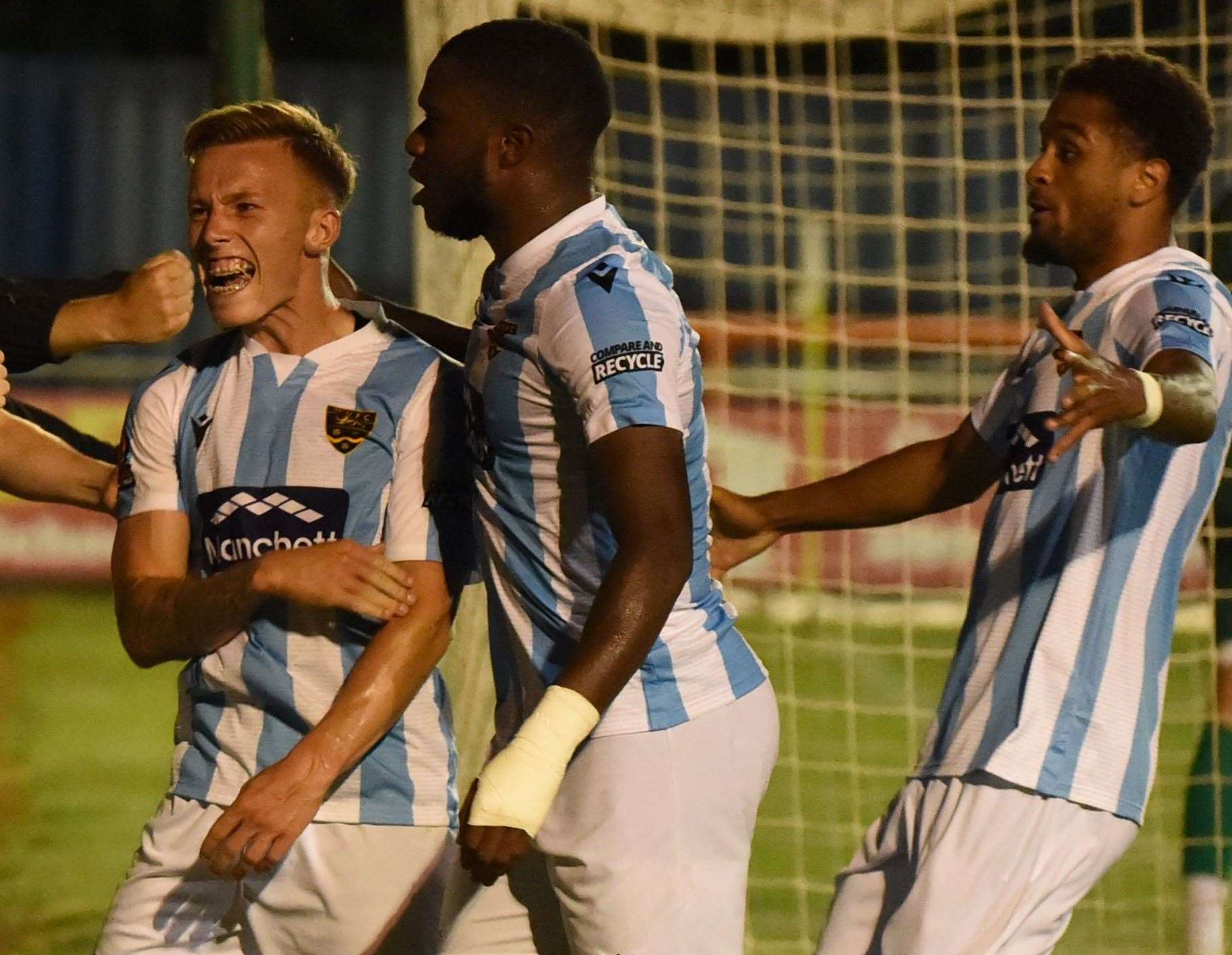 Sam Corne celebrates his winner at Braintree on Tuesday night Picture Steve Terrell