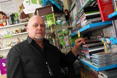 Manager Mick Constable shows where the DVDs were stolen