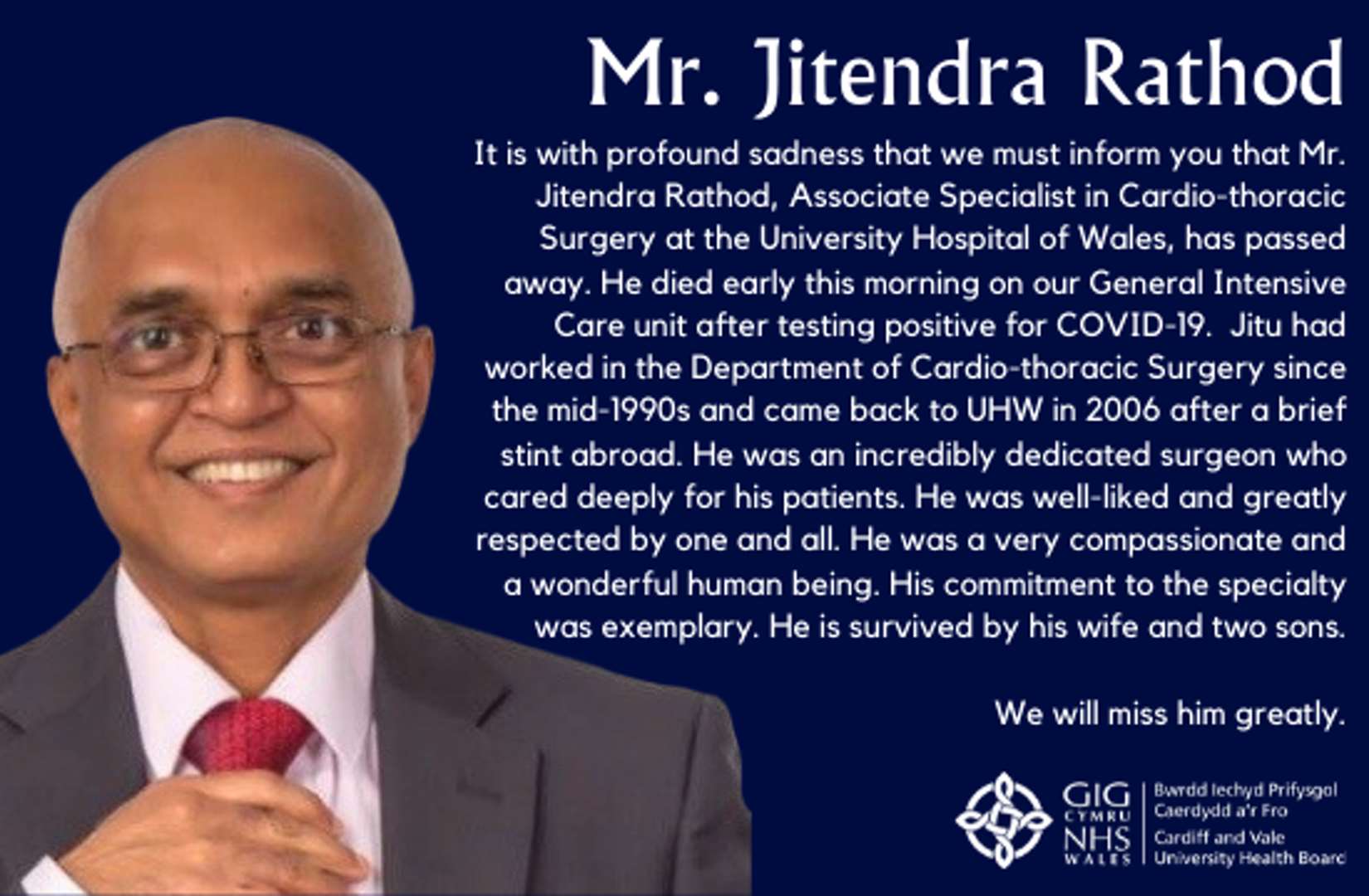 The tribute posted on the Cardiff and Vale University Health Board website to Jitendra Rathod (Cardiff and Vale University Health Board/PA).