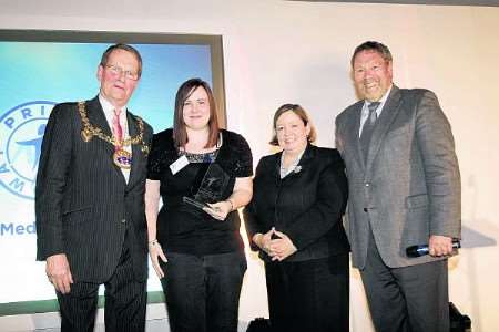 Mayor Cllr David Carr and Geoff Clark with overall winner Jo Balk and Prof Clare Mackie University of Kent.