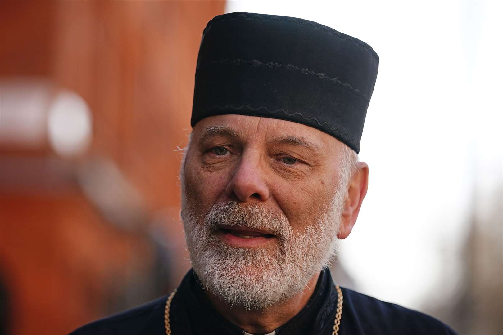 Bishop Kenneth Nowakowski speaks to the media outside the Ukrainian Catholic Eparchy of Holy Family of London (Aaron Chown/PA)