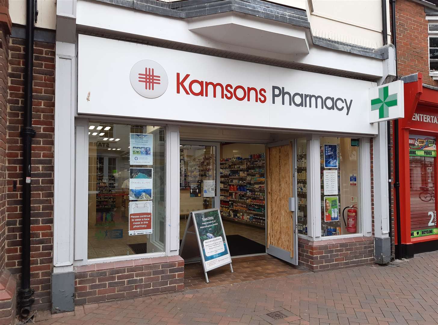 Damage caused to Kamsons Pharmacy in Ashford High Street during a suspected burglary