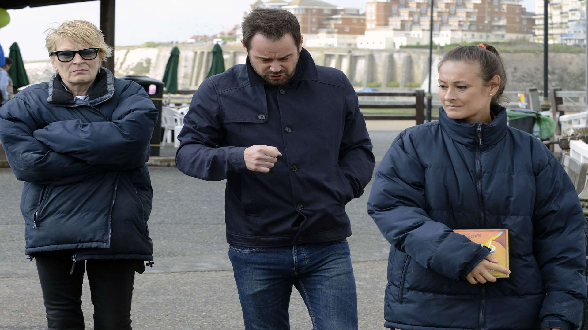 Danny Dyer (Mick Carter), Linda Henry (Shirley Carter) and Luisa Bradshaw-White (Tina Carter) in Viking Bay, Broadstairs