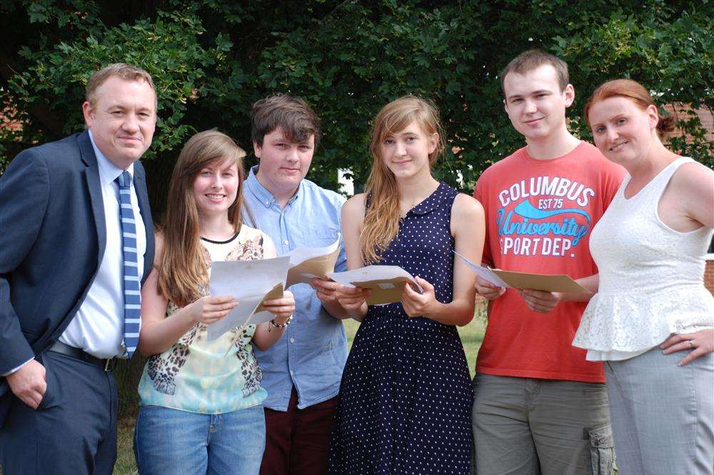 Westlands' head of school Simon Cox with students Stephanie Hoskins, Joe Snellings, Adelaide Ruskin, Rory Bolton and Shona Hallam, sixth-form principal.