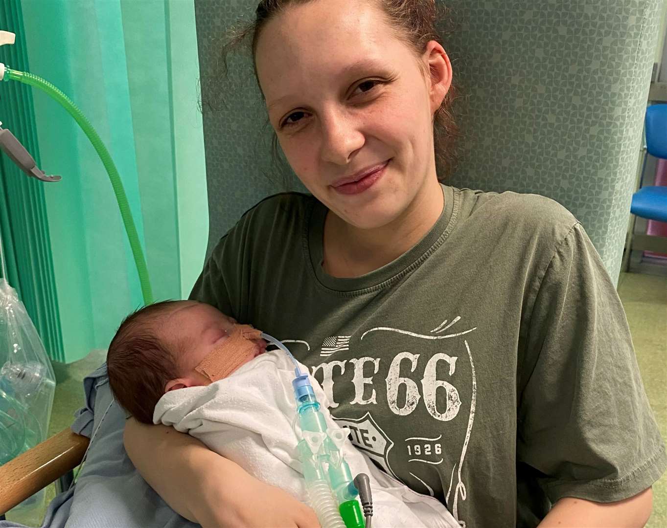 Charlie Evans, from Ramsgate, with baby Axel in hospital. Picture: Charlie Evans