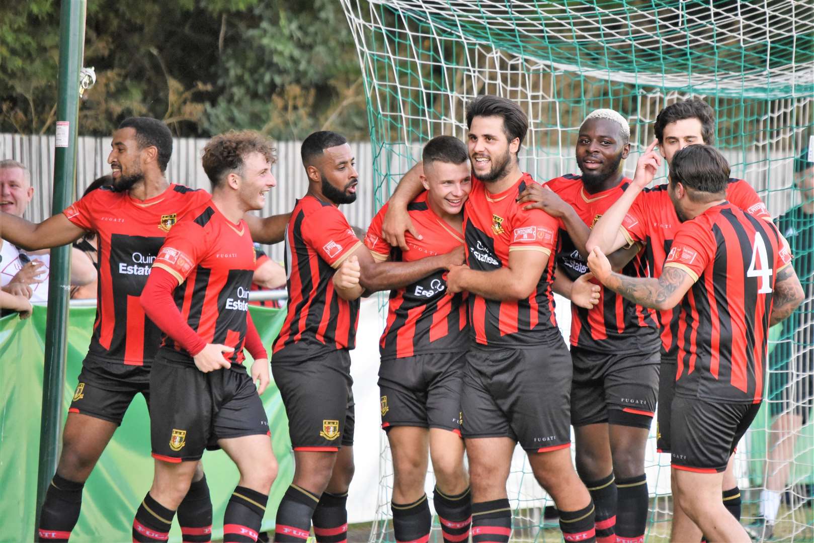 Johan Caney-Bryan, Taylor Fisher, Ahmed Abdulla, Harrison Pont, Freeman Rogers, Christophe Aziamale, Tom Loynes and George Monger celebrate during Saturday's 4-1 win at Corinthian Picture: Ken Medwyn