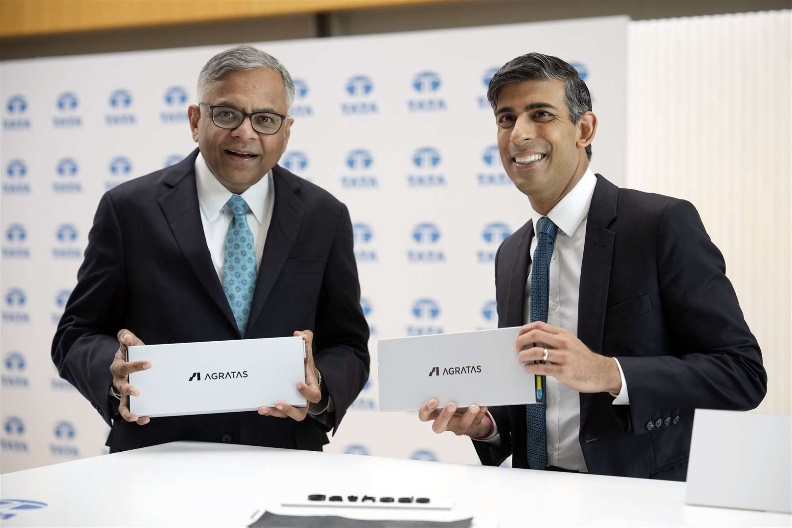 Prime Minister Rishi Sunak with Tata Sons chairman Natarajan Chandrasekaran during a visit to Jaguar Land Rover in Warwickshire (Christopher Furlong/PA)