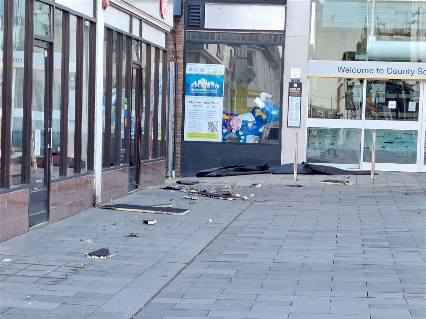 Debris from the roof scattered across Tufton Street