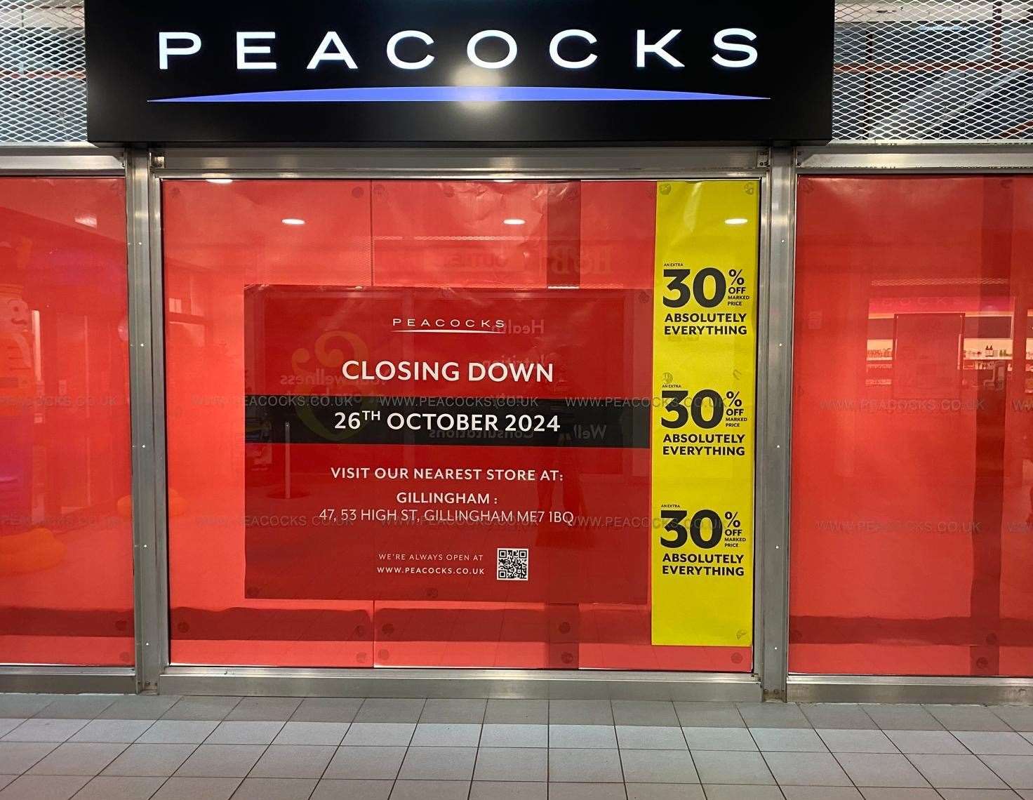 Signs at the Peacocks store at Chatham Dockside Outlet Centre announcing the branch’s closure in October