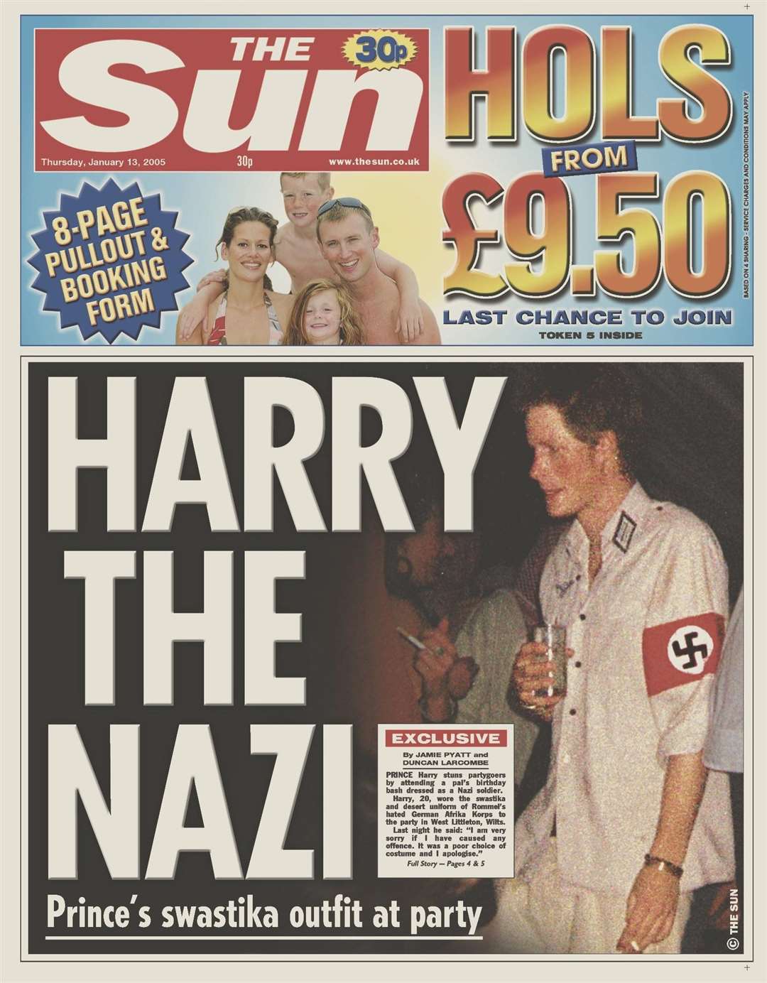 Harry dressed as a Nazi on the front page of The Sun in January 2005 (The Sun/PA)