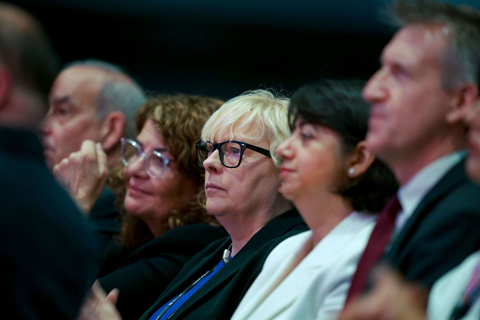 Ministers including Dame Diana Johnson, Angela Eagle and Dan Jarvis listen as Yvette Cooper speaks at Labour Party conference (Peter Byrne/PA)