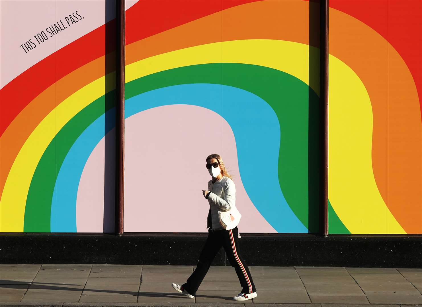 The Harrods display includes a number of positive messages, such as ‘This too shall pass’ and ‘We’ll get through this together’ (Jonathan Brady/PA)