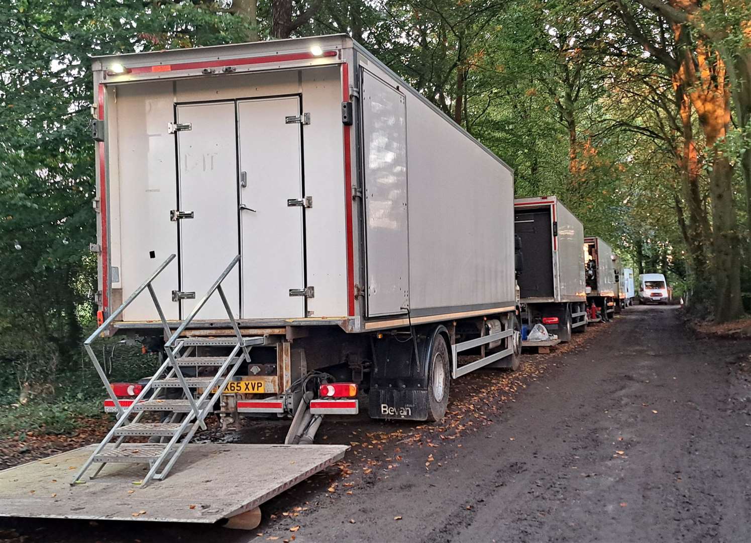 Production crews in Castle Close, a private road outside Lympne Castle