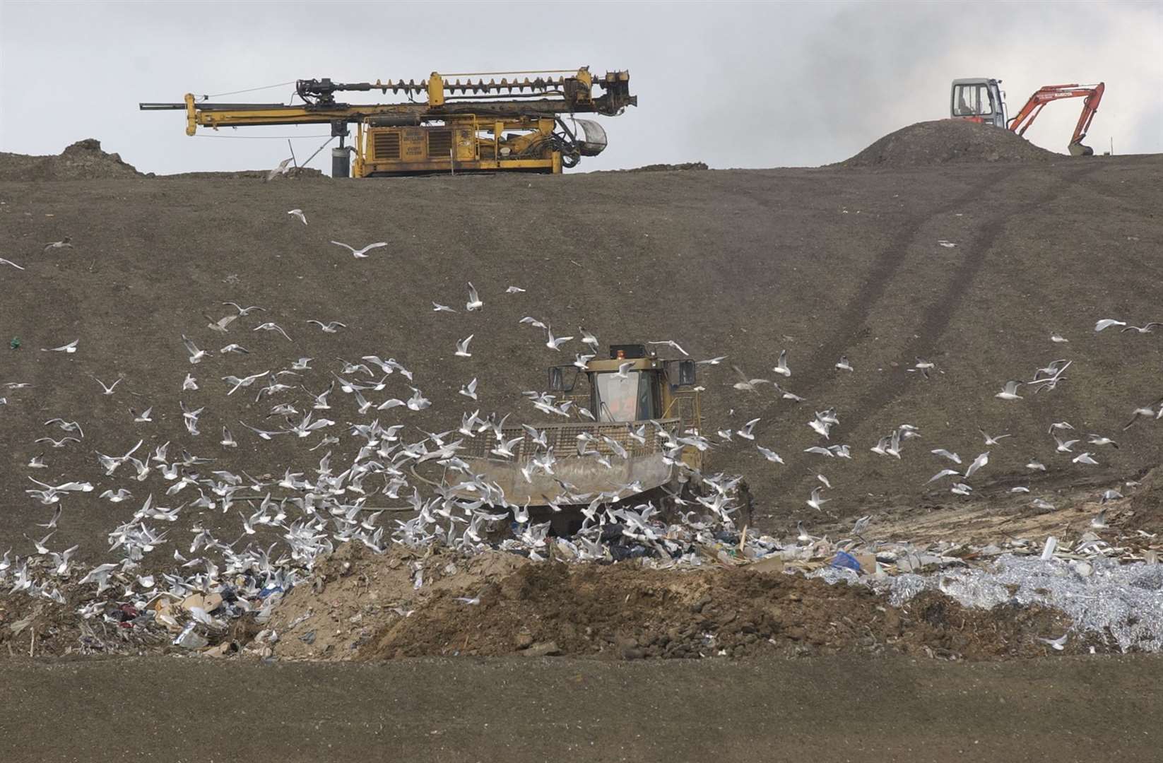 Seagulls mill around the waste as a Bulldozer pushes it into place on the site. Norwood Farm Landfill and Quarry, Lower Road, Brambledown, Sheppey Byline: Picture by Andy Payton (42759556)