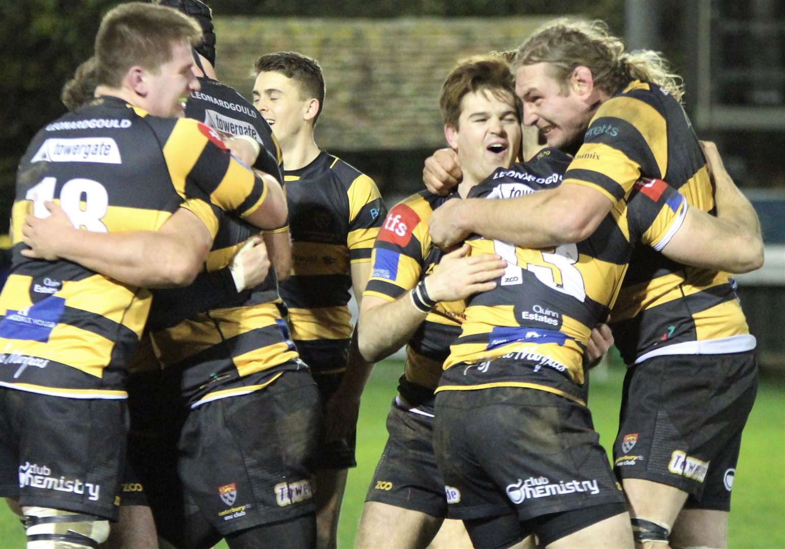 Canterbury's players celebrate their thrilling 19-17 win over Cinderford. Picture: Phillipa Hilton