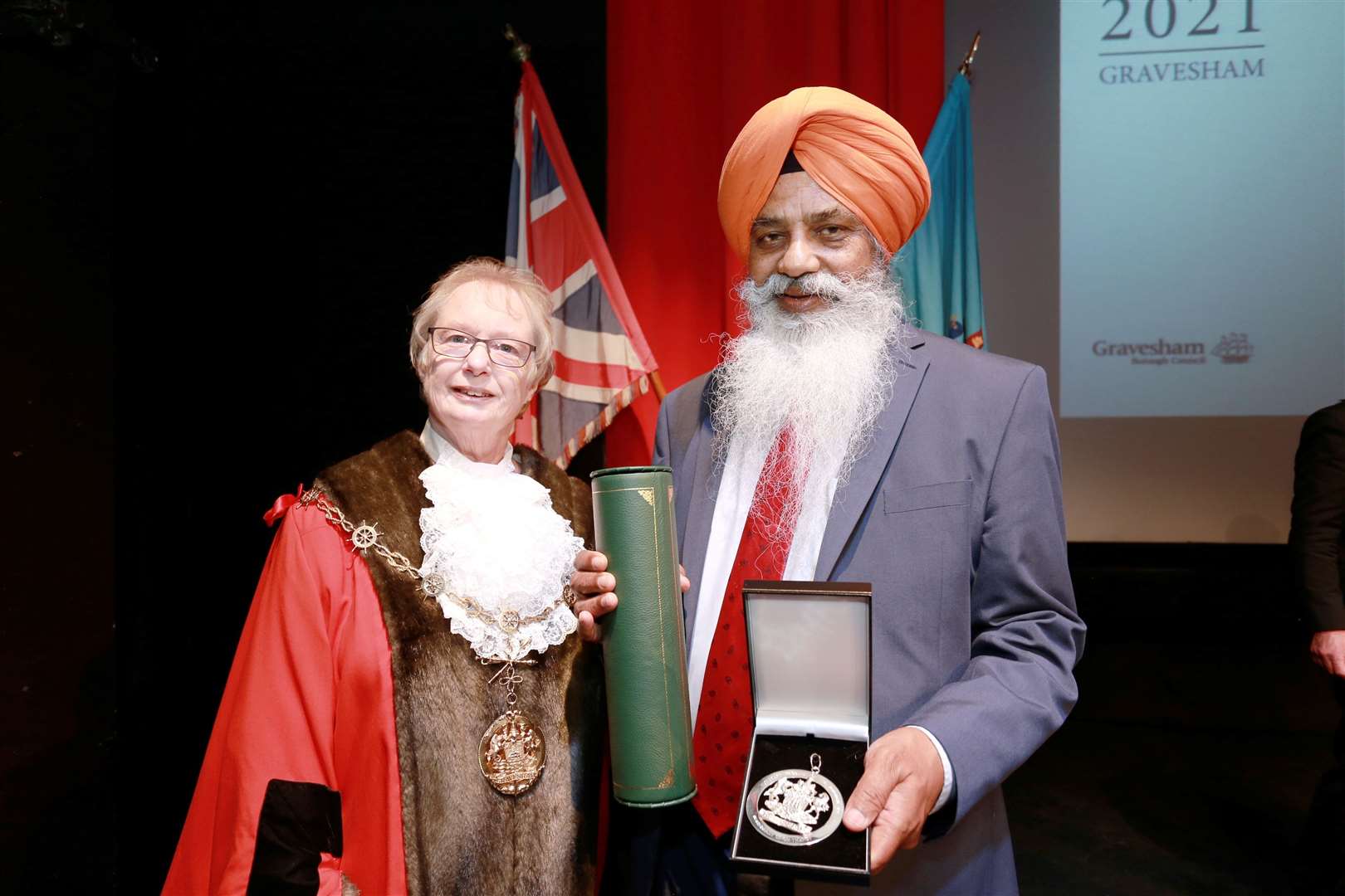 Mayor Cllr Lyn Milner congratulates Cllr Narinderjit Singh Thandi who was given Honorary Freedom of the Borough of Gravesham. Picture Phil Lee/Gravesham council