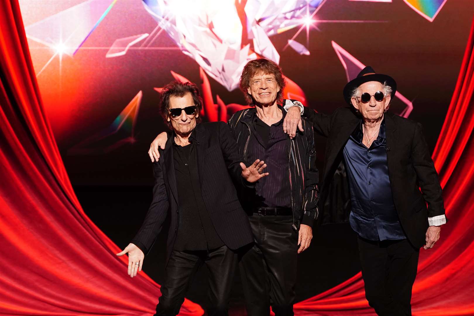 Mick Jagger (centre), who turned 80 in 2023, was joined by Ronnie Wood (left) and Keith Richards (right) for the launch of the Rolling Stones’ Hackney Diamonds album in London in September (Ian West/PA)