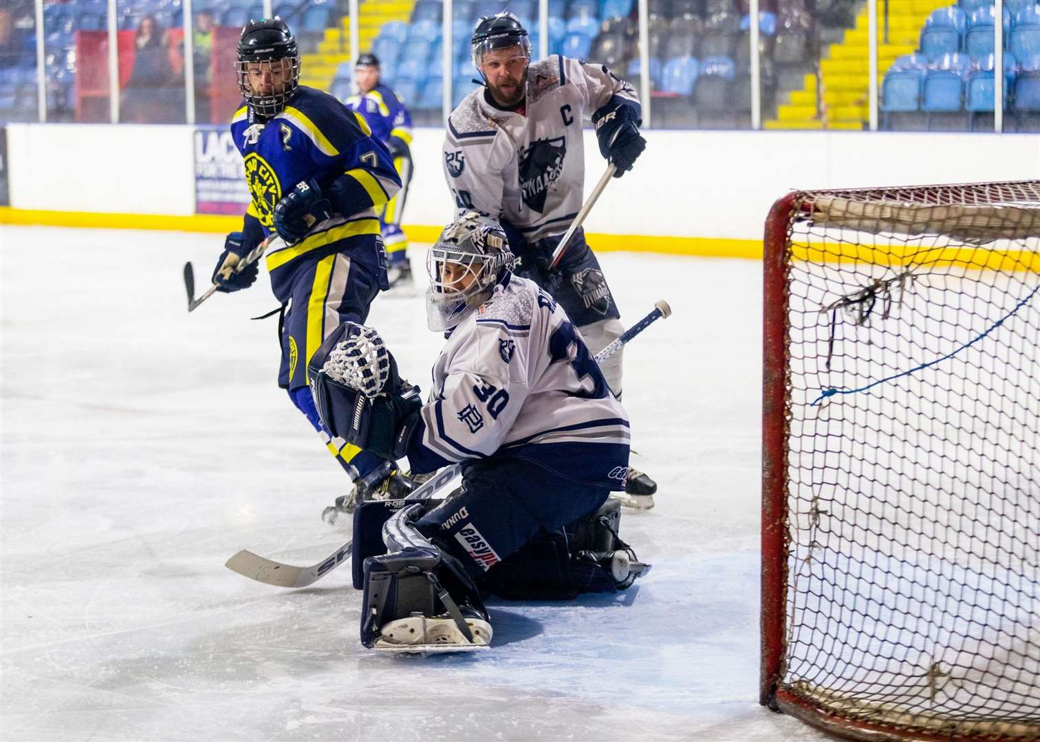 Captain Tom Davis looks on as Owen Rider secures his first senior shutout for Invicta Dynamos Picture: David Trevallion