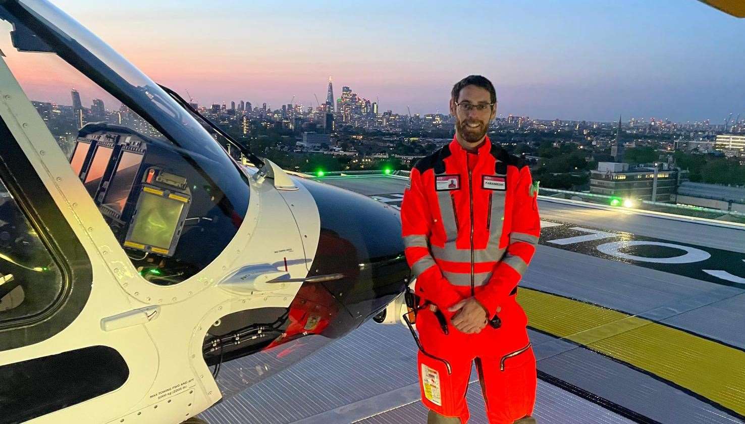 Phill will be one of the paramedics working on Christmas Day. Pictured at a London helipad. Picture: KSS