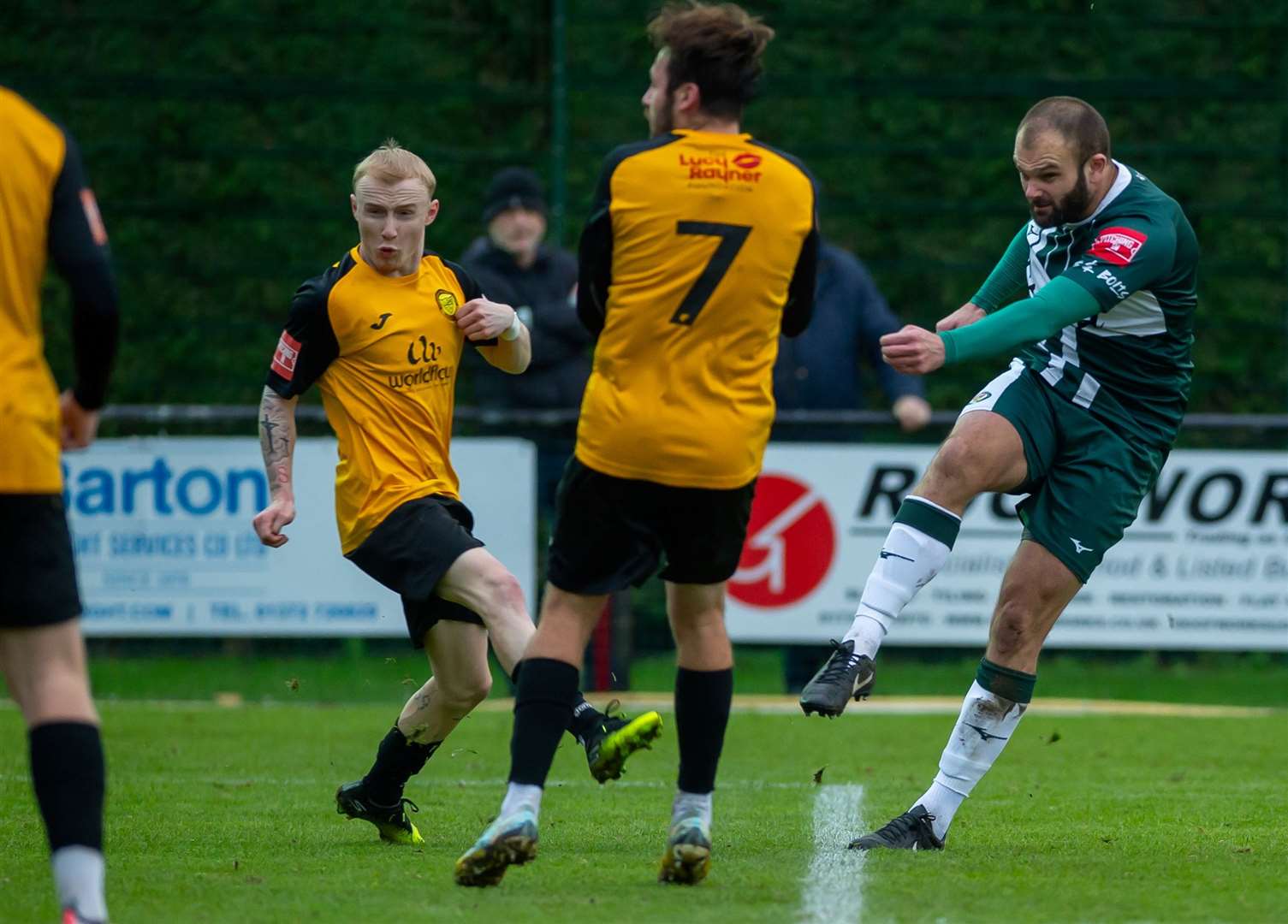 Top scorer Gary Lockyer tries his luck at Merstham. Picture: Ian Scammell